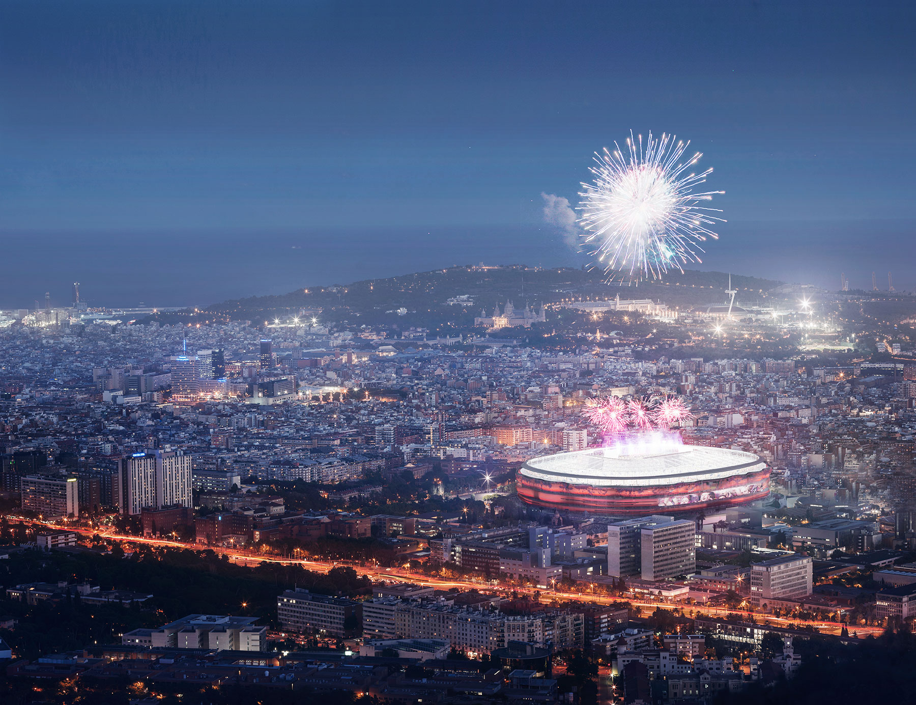 FCBarcelona aerial fireworks render 3D